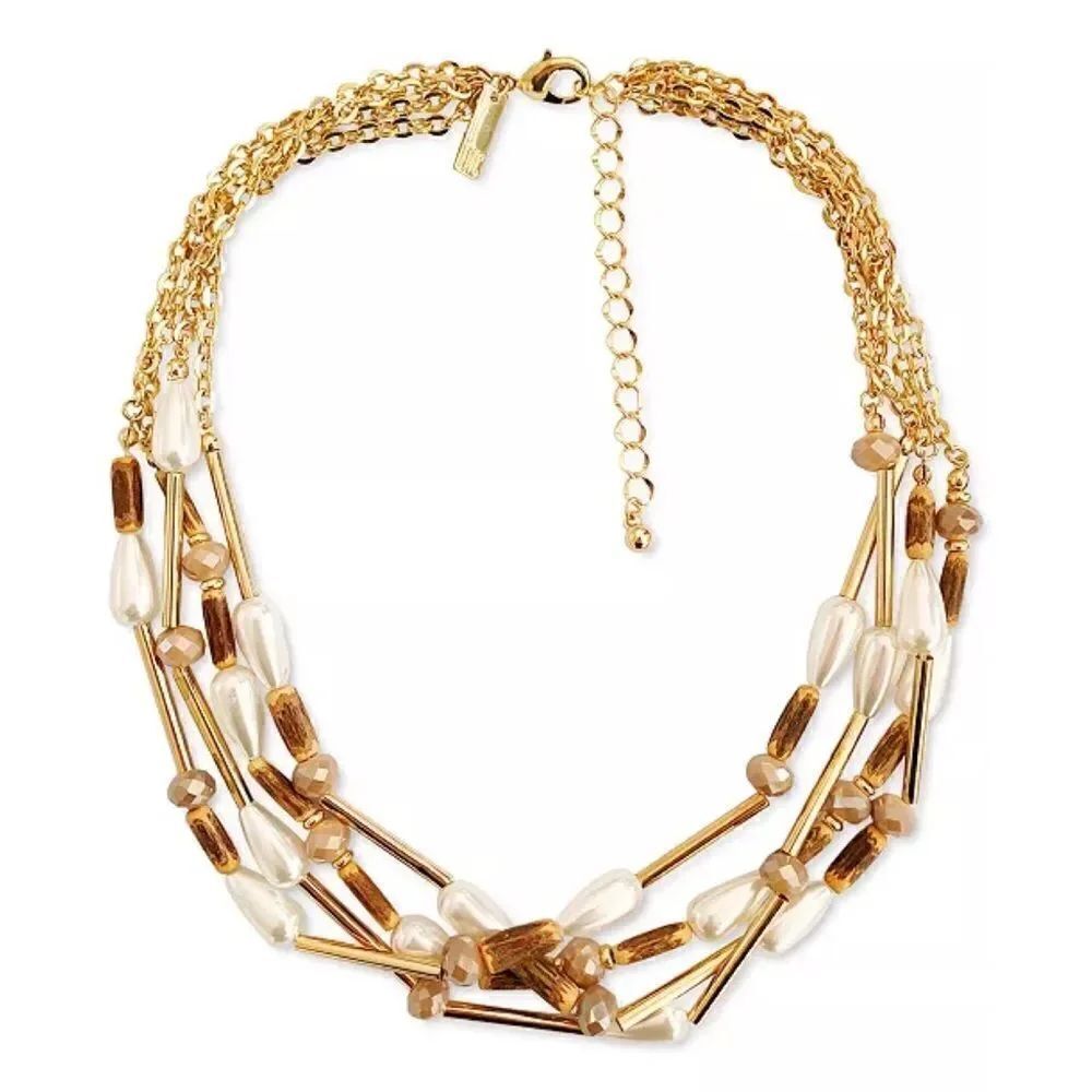 INC Gold-Tone Multi-Bead Multi-Strand Necklace 17" + 3" extender NWT